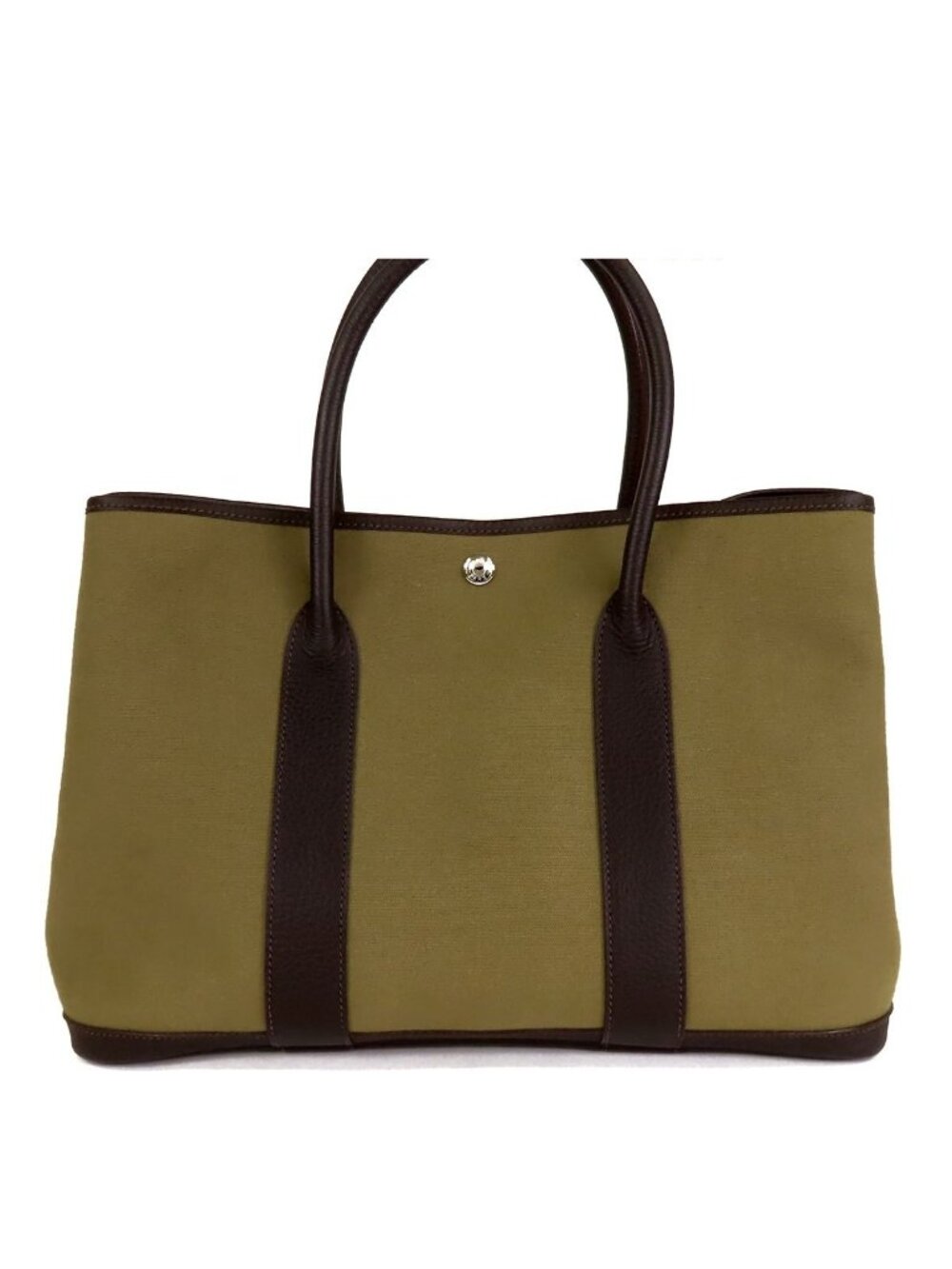 Hermes Garden Party PM Khaki Dark Brown Silver Toile Buffalo Tote Bag